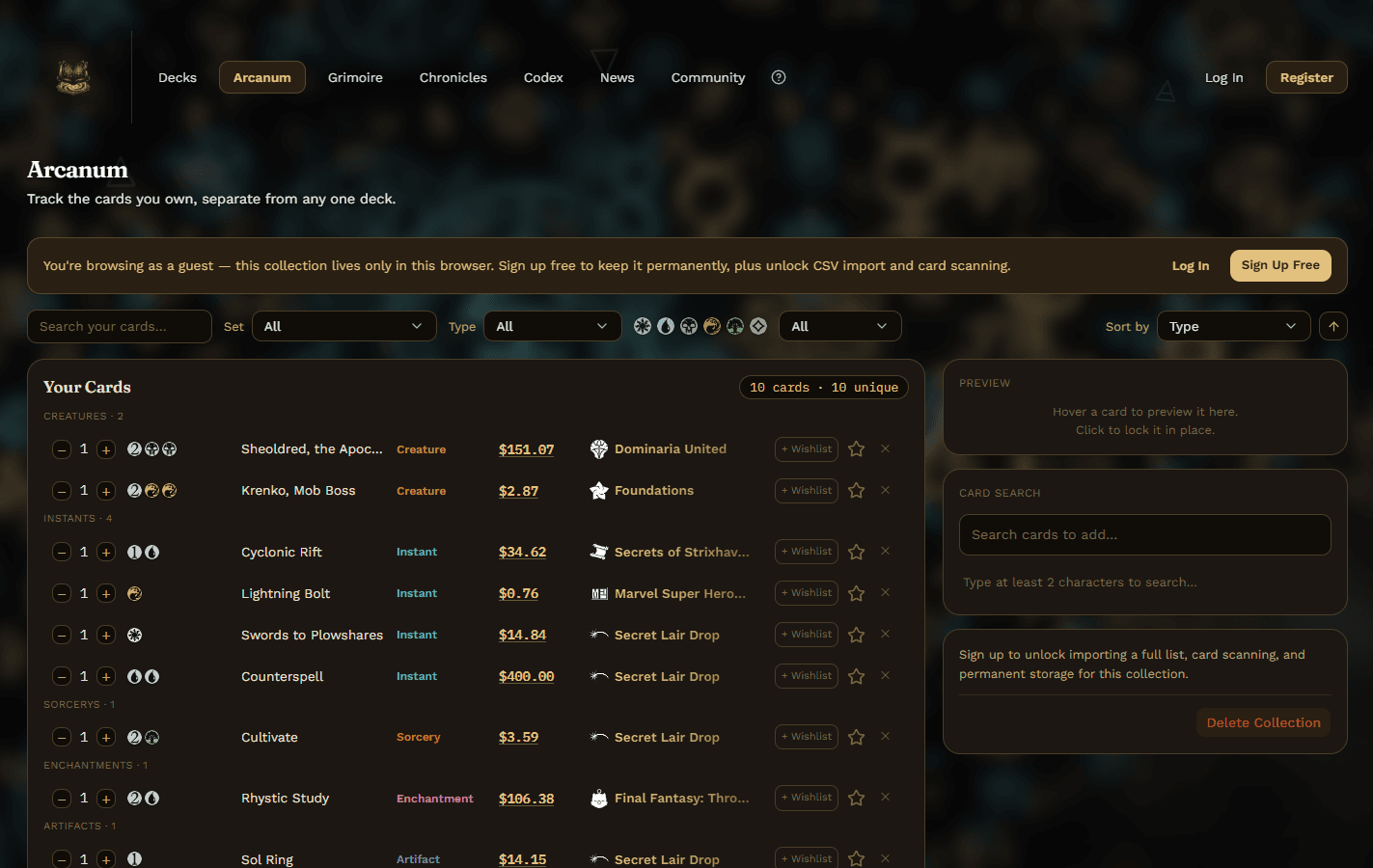 A screenshot of Your Arcanum in Grimoire of the Planes